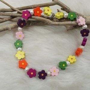 Beaded Flower Choker Necklace With Wooden Beads And Freash Water Pearls